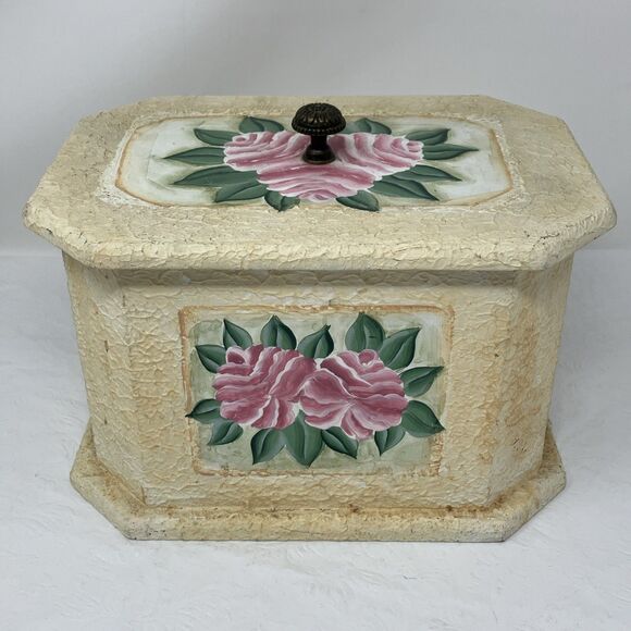 VTG Victorian Style Rose Shabby Chic Wooden Trinket Box Chest Cottagecore Granny - Picture 1 of 12
